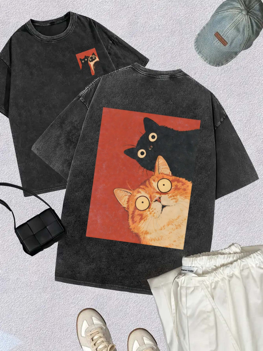 A Round-neck Short-sleeved T-shirt with a  Cartoon Cat Design That Echoes Front and Back. It Features a , Loose Fit with Dropped Shoulders, a Washed and Vintage Finish. Made of Blend Fabric, It Is Slightly Stretchy and Breathable, - Deep Grey