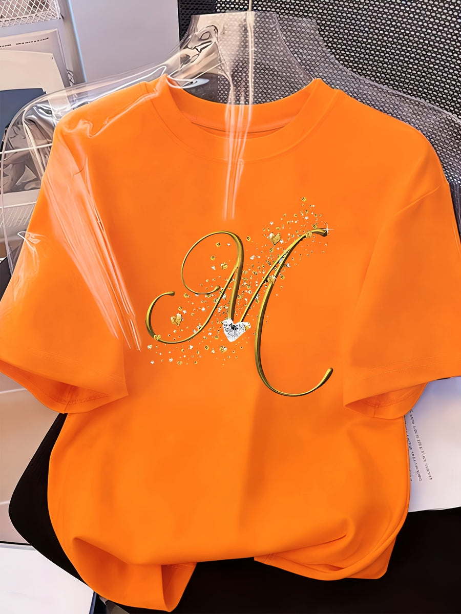 Women's Casual Short Sleeved T-shirt - M Letter Pattern Print, Regular Round Neck Top, Suitable for All Seasons, Women's Clothing - Orange-Red