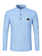 Josh Mei Selection: 2026 New Men's Stand Collar Waffle Texture Long Sleeve Shirt, Three-Button Half Open Lapel with Pocket, Lightweight and Comfortable Basic Top for Daily Outings - Light Blue