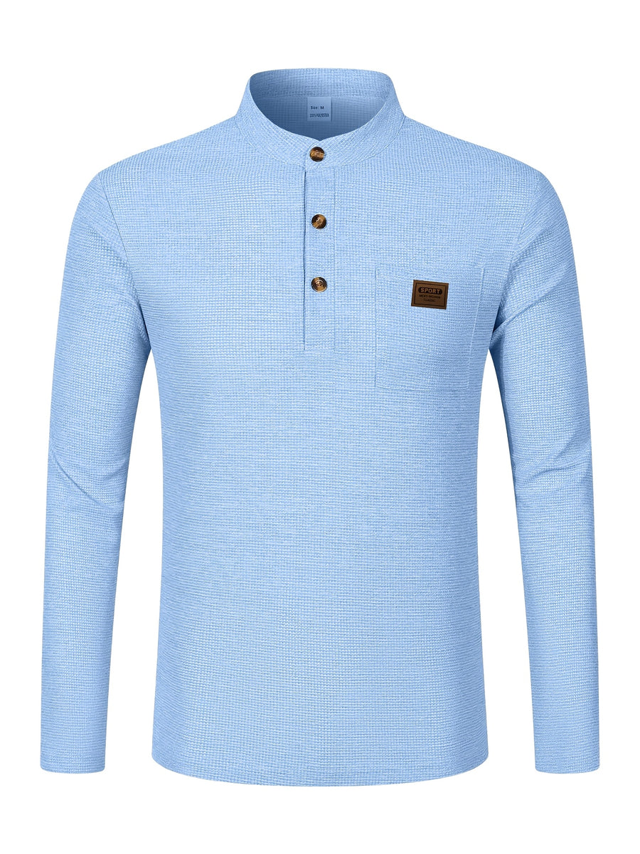 Josh Mei Selection: 2026 New Men's Stand Collar Waffle Texture Long Sleeve Shirt, Three-Button Half Open Lapel with Pocket, Lightweight and Comfortable Basic Top for Daily Outings - Light Blue