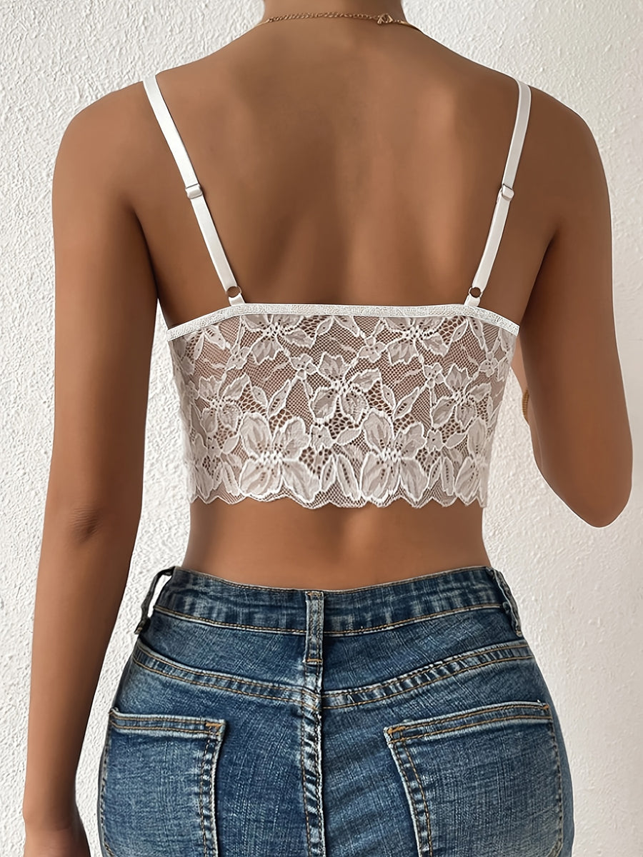 Women Sexy Lace Spaghetti Strap Crop Tube Sheer Tank Top - White