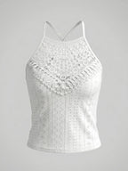 Summer Jacquard Halter Lace Trim Sleeveless Vest Casual Slim Mesh Women'S Top - White