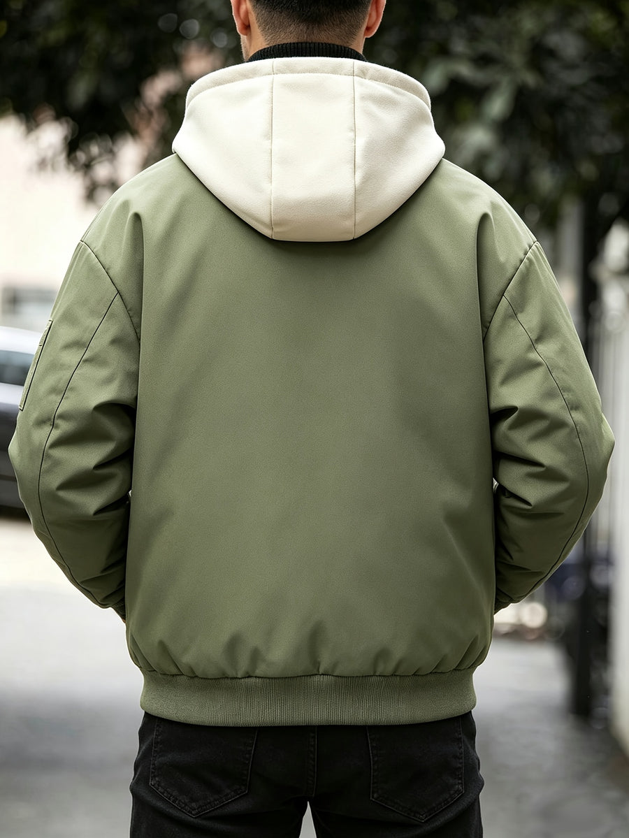 Men's Color-Block Hooded 2-in-1 Look Padded Coat, Structured Windproof Fabric, Zippered Pockets, Street Casual Style, Suitable for Daily Outings and Commuting, Trendy Outerwear-6021 - Olive Green