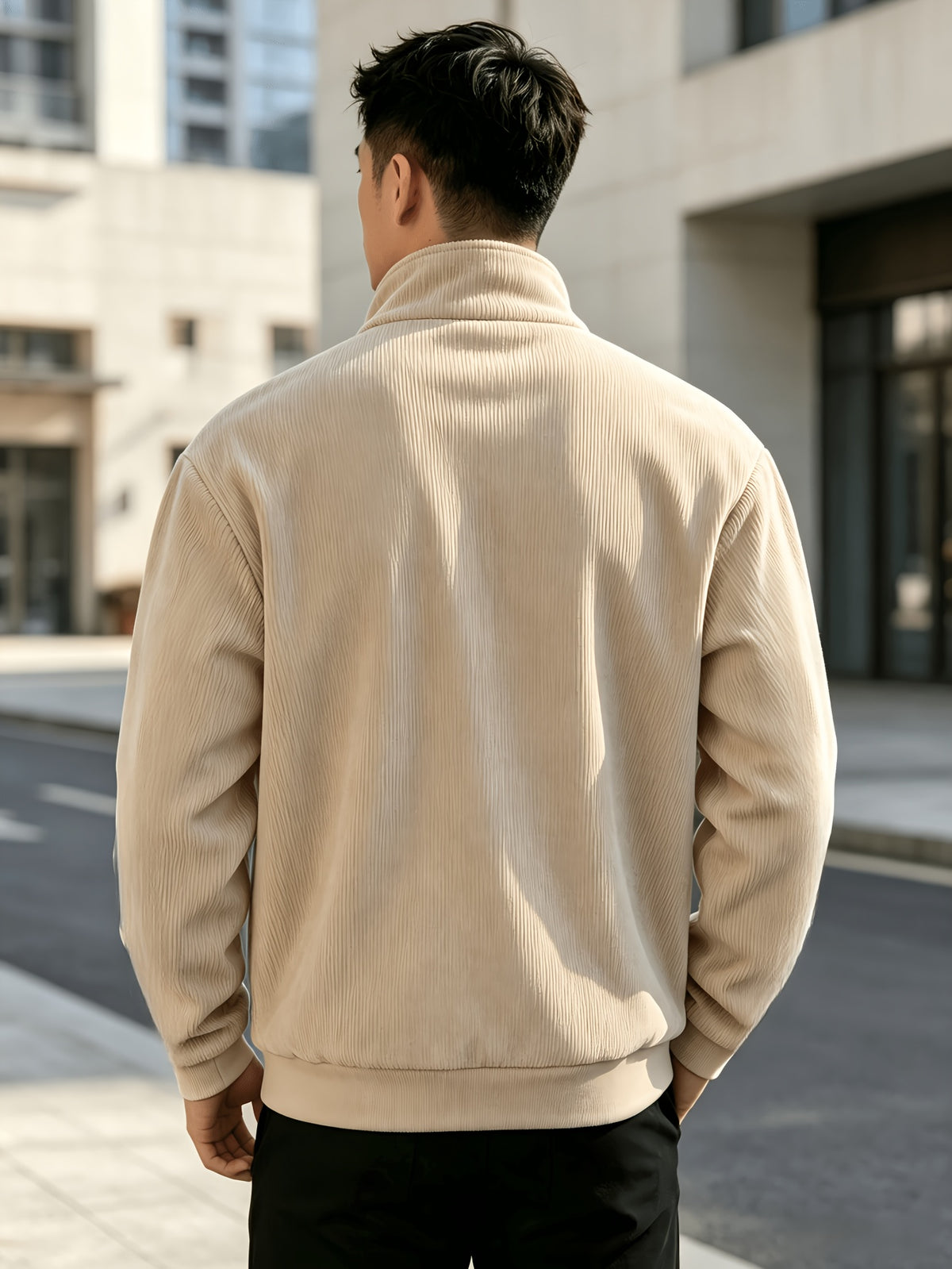 Men's Corduroy Full-Zip Stand Collar Jacket, Soft Vertical Rib Texture Corduroy Casual Full-Zip Outerwear, Ribbed Cuffs and Hem, Side Insert Pockets, Loose Fit Cut, Lightweight and Warm Jacket, Suitable for Autumn/Winter Daily Wear, Street Outings - Khaki