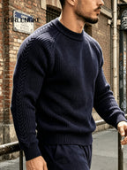 FORLENGKE Men's Vintage Crew Neck Sweater with Cable Knit Sleeves, Heavy Thick Pullover for Fall and Winter, Loose and Casual Fit for Young and Middle-Aged Men, Perfect for Daily Wear, Commuting, Street Style, Layering, Available in Multiple Colors - Shangqing