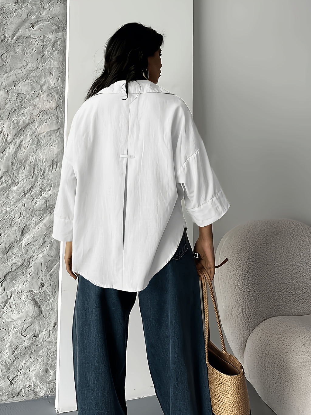 Fashion Spring Summer Women'S Off-Shoulder Puff Sleeve Button-Up Elegant Loose Shirt Lapel - White