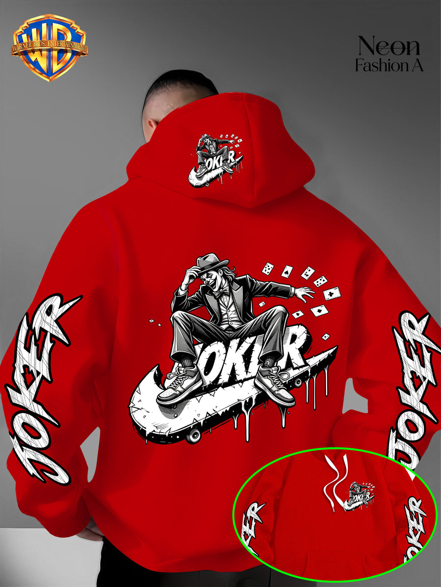 Warner Bros. Official Men'S Autumn Winter Trendy Print Hooded Fleece Sweatshirt, Long Sleeve Pullover Hoodie, Black And White Line Art Skateboard Joker Dripping Graffiti Trendy Print Pattern, Kangaroo Pouch And Drawstring Design - Red