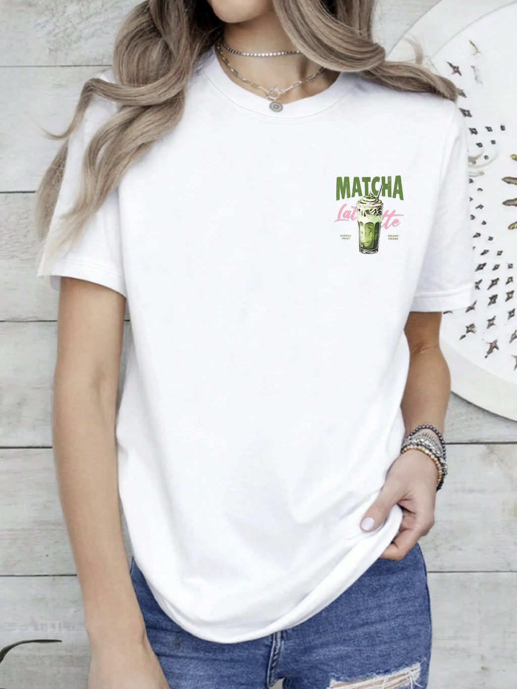 Short Sleeve T-Shirt with Front And Back Panels - Matcha Latte, Japanese Dessert Fashion Print - Women'S Spring Summer Trendy Printed T-Shirt, Fashion Item - White