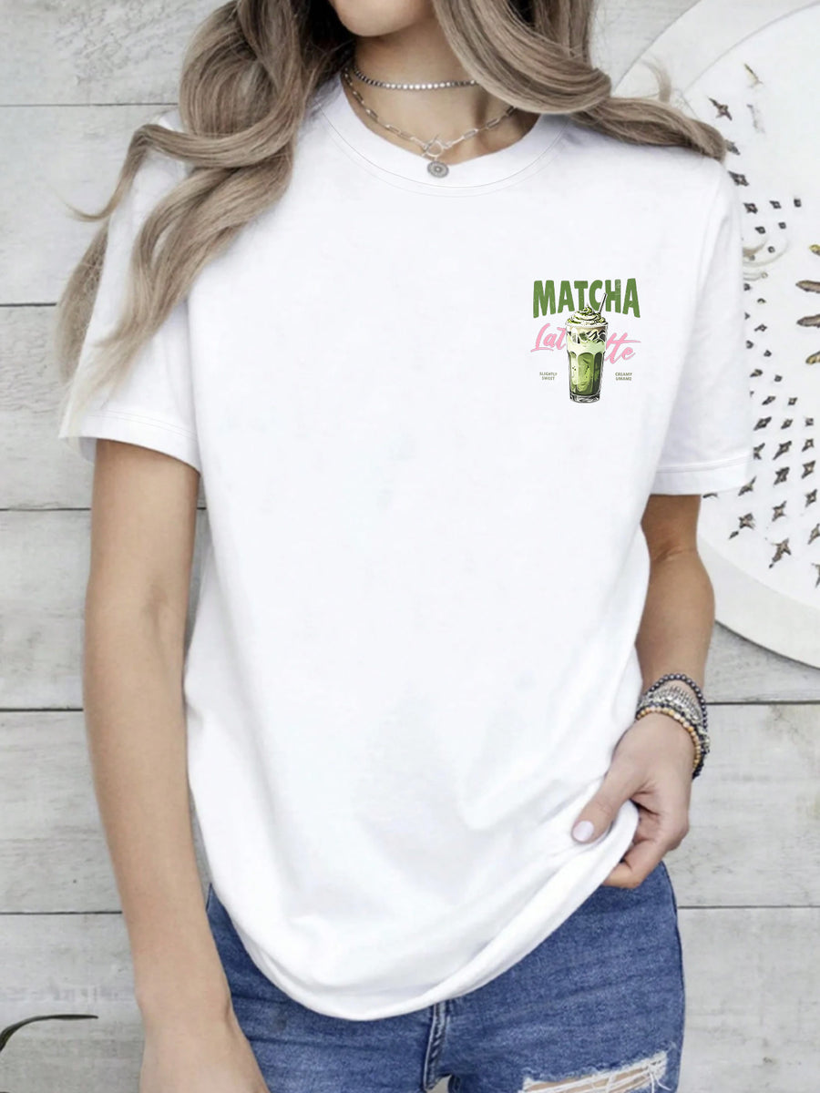 Short Sleeve T-Shirt with Front And Back Panels - Matcha Latte, Japanese Dessert Fashion Print - Women'S Spring Summer Trendy Printed T-Shirt, Fashion Item - White