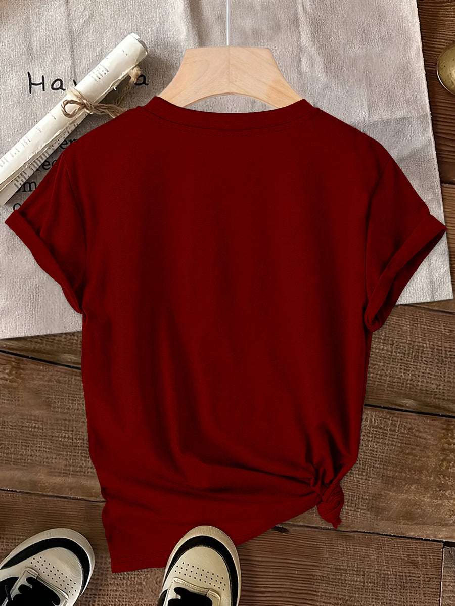 Disney Minnie with a Smile on Her Cheek Printed Fashion Women'S Round Neck Casual T-Shirt, Comfortable Fabric Short Sleeved, Round Neck Women'S T-Shirt, Worn in Spring And Summer - Burgundy