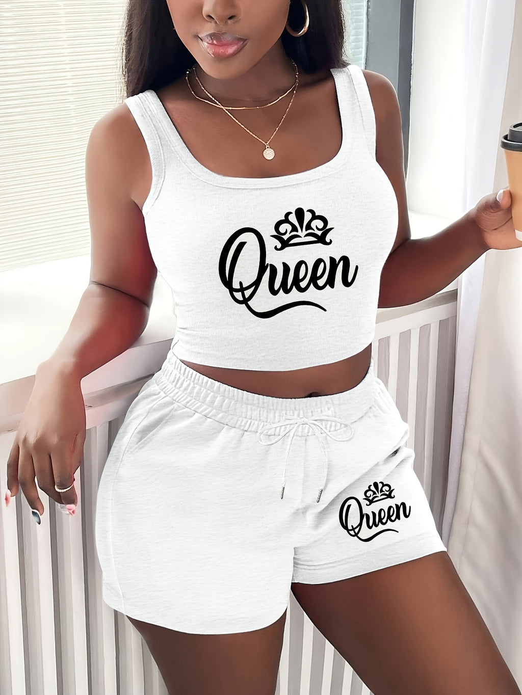 Women's suits: diagonal pocket drawstring shorts, spring and summer shorts, Women's clothing, letter print short vests, sleeveless casual tops - White