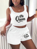 Women's suits: diagonal pocket drawstring shorts, spring and summer shorts, Women's clothing, letter print short vests, sleeveless casual tops - White