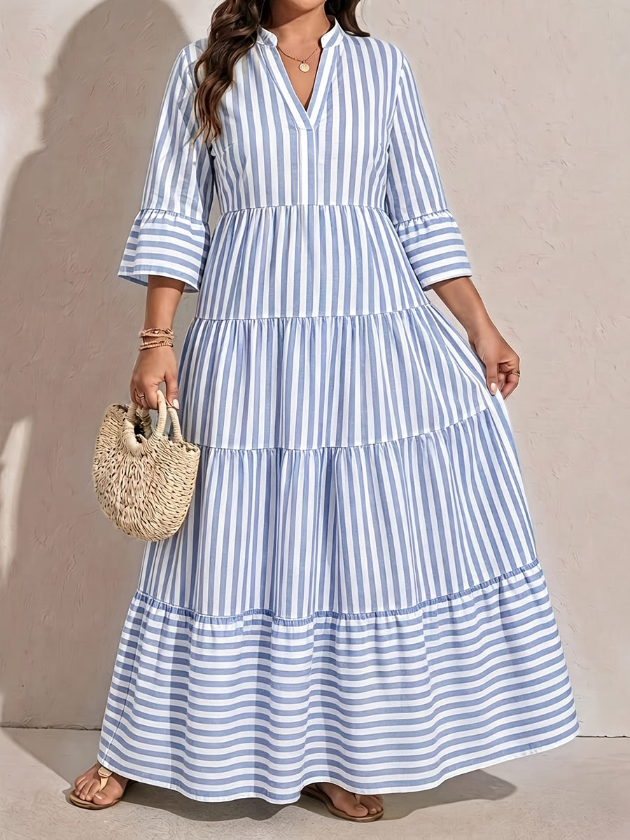 Plus Size Women'S Stand Collar V-Neck Layered Cake Dress, Yellow White Pinstripe Gentle Style Dress, Suitable for Vacation Outings, Fresh Casual Style, Fine Vertical Stripes Pattern, Women'S Clothing, Women'S Dress, Pastoral Vacation Style - Sky Blue
