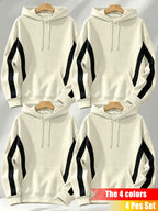 4pcs Set: Autumn/Winter Men's Pullover Hooded Sweatshirt with Diagonal Contrast Color Line Cut on Sleeves, Street Style Top. Features Adjustable Drawstring and Large Kangaroo Pocket for Storing Phones and Small Items. Made of Skin-Friendly - Apricot + Apricot + Apricot + Apricot