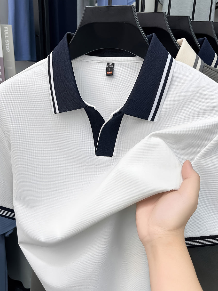 [Shule Water OBM] Summer Men'S Short Sleeve T-Shirt, Contrast Striped Cool Business Casual Versatile Top, Mid-Age Men'S Short Sleeve Collared Polo Shirt (72616) - White