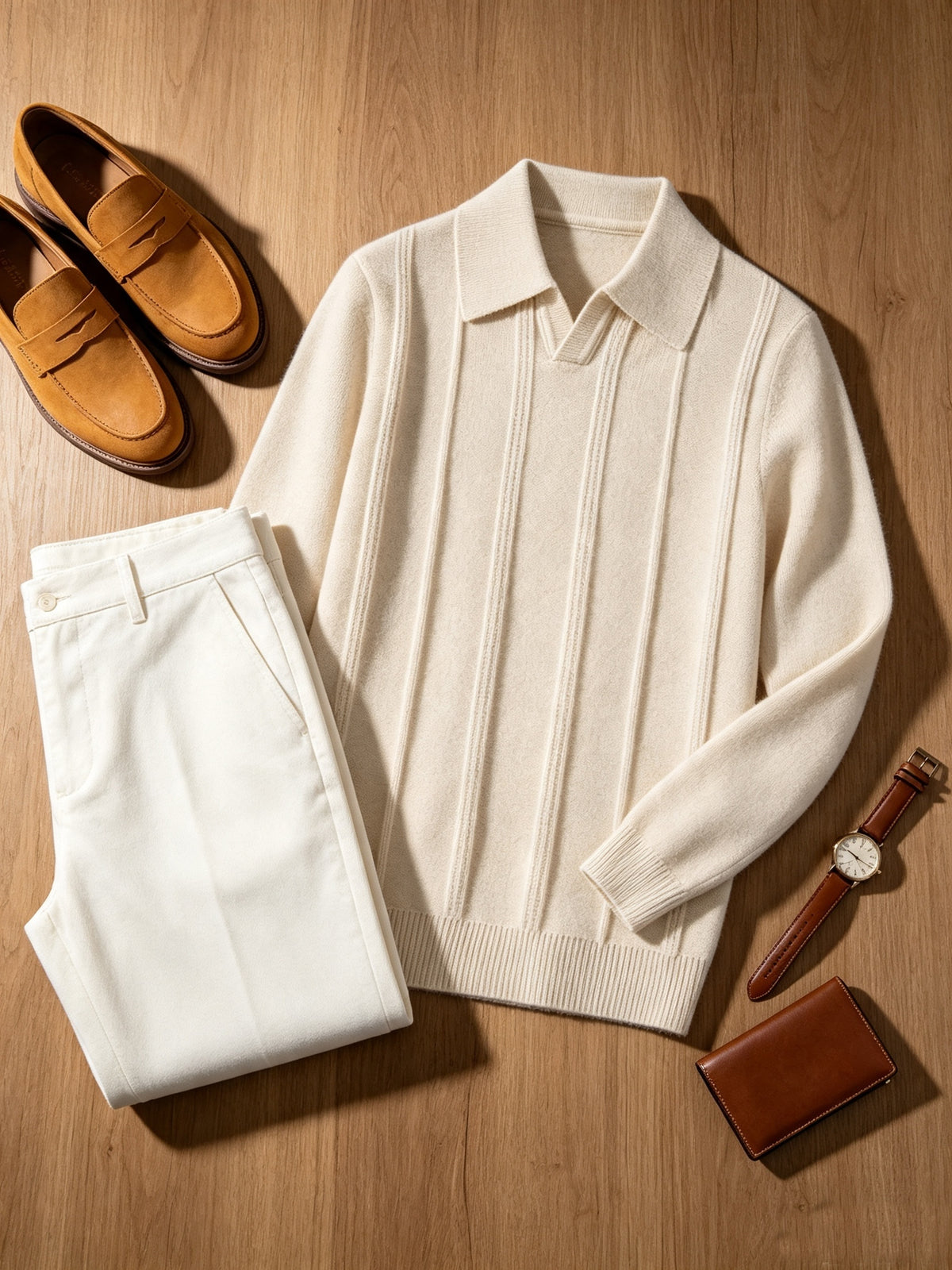 Men's Fall Winter V-Neck Buttonless Collar Knit Polo Sweater, Vertical Ribbed Long Sleeve Pullover with Ribbed Trim, Casual Top - Apricot