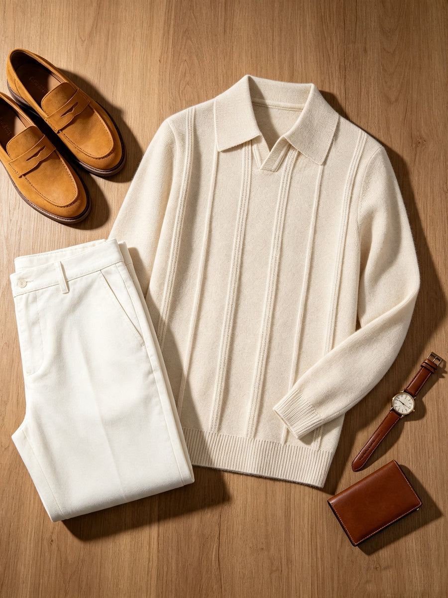 Men's Fall Winter V-Neck Buttonless Collar Knit Polo Sweater, Vertical Ribbed Long Sleeve Pullover with Ribbed Trim, Casual Top - Apricot