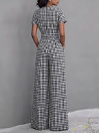 2026 Spring Summer New Plaid V-Neck Short Sleeve Jumpsuit Women'S High-Waist Wide-Leg Straight Long Pants, Women'S Commute Casual Two-Wear Jumpsuit, High-Waist Waist-Cinching Design with Flowing Wide-Leg Trousers - Black And White Color
