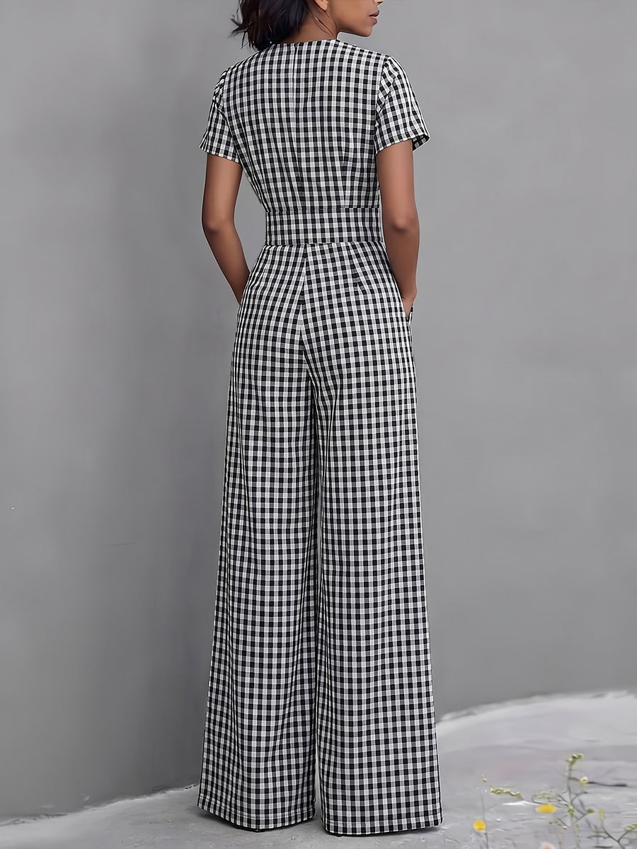 2026 Spring Summer New Plaid V-Neck Short Sleeve Jumpsuit Women'S High-Waist Wide-Leg Straight Long Pants, Women'S Commute Casual Two-Wear Jumpsuit, High-Waist Waist-Cinching Design with Flowing Wide-Leg Trousers - Black And White Color