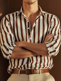 Men's Brown and White Vertical Stripe Shirt, Draped Casual Long-Sleeve Shirt, Versatile Top for Vacation and Commuting - Maroon