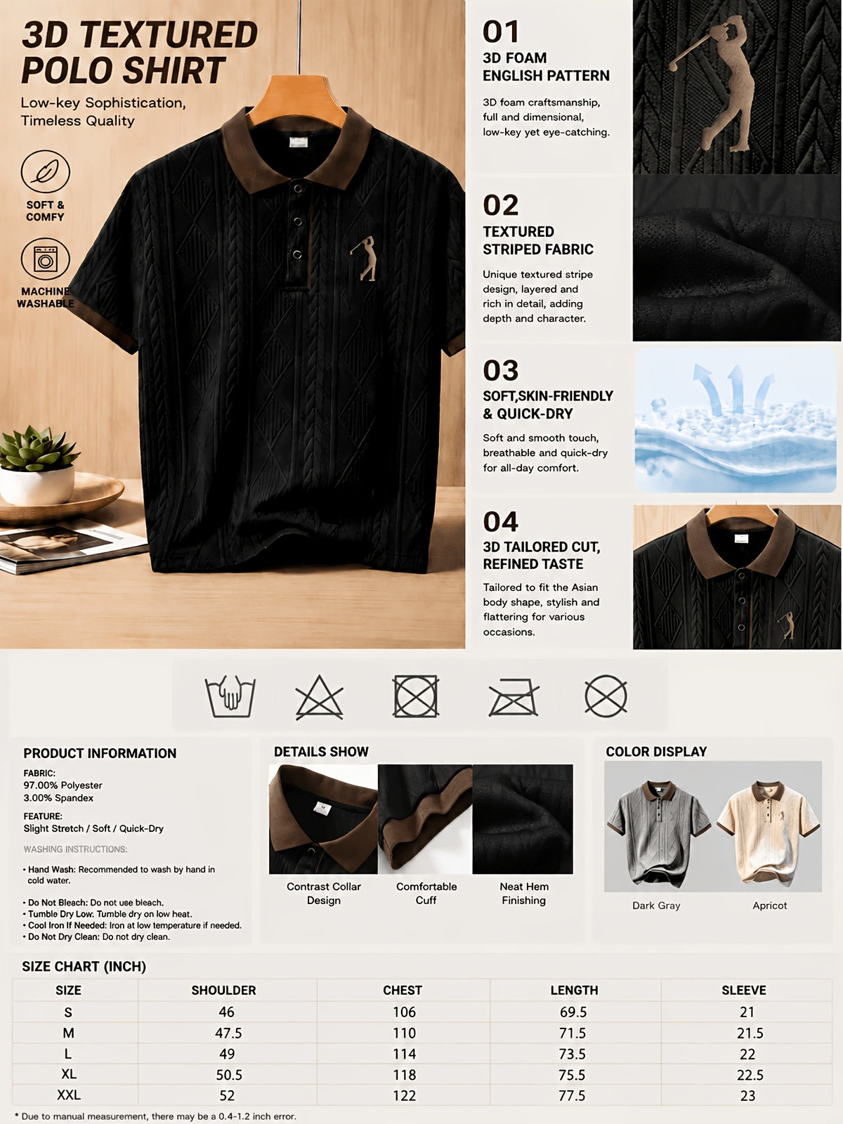 999-8, Father'S Day High-Quality Men'S Short Sleeve Collared Golf Polo Shirt, Frosted 3D Golf Pattern, Textured Striped Fabric, Soft And Skin-Friendly Quick-Dry, 3D Cut, Low-Key And Tasteful. Suitable for Business Office, Outdoor Sports - Black