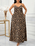 Elegant Leopard Print Slingback Dress | V-neck, Color Block, All-season, Suitable for Adults - Dark Brown