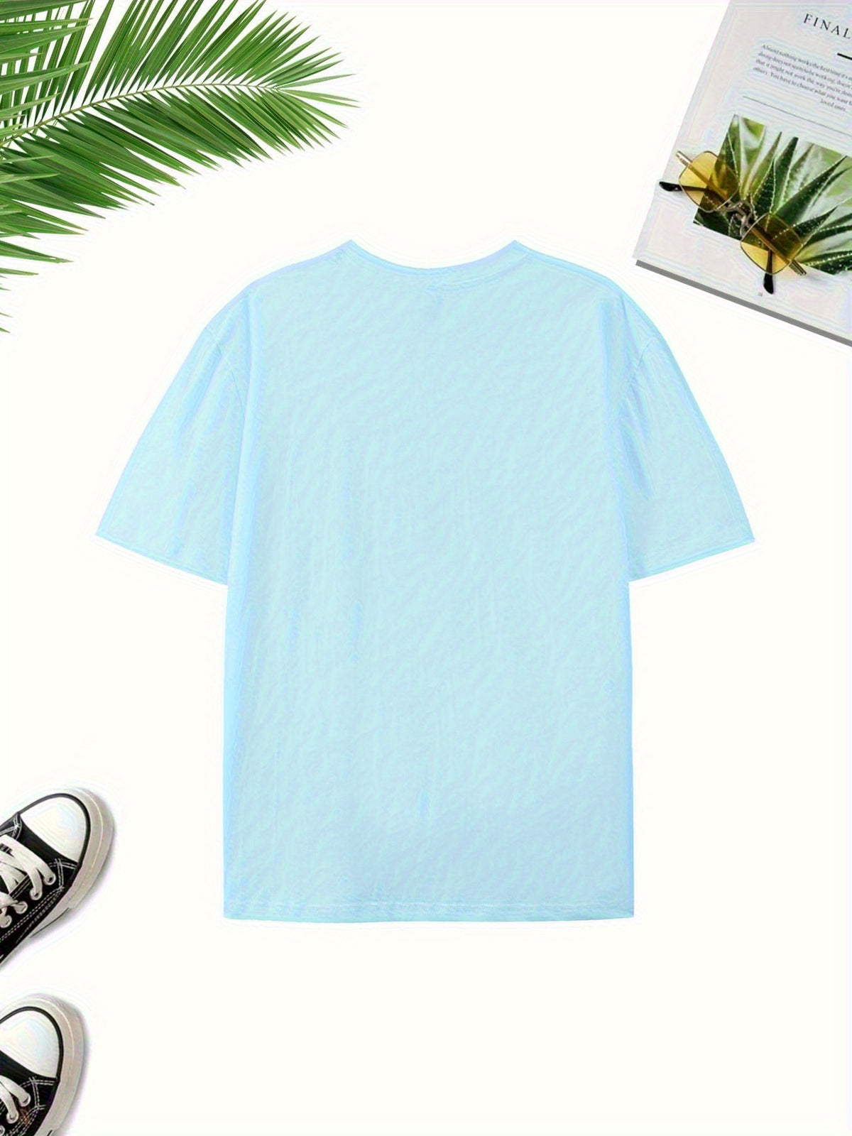 Minimalist Hand-Drawn Numerals and  Letter Creative Front and Back Print Fashionable Men's Casual Versatile #Commute #Leisure #Home #Office #Trendy Streetwear Fashion Item Crew Neck Heavyweight Pure Cotton T-Shirt - Light Blue