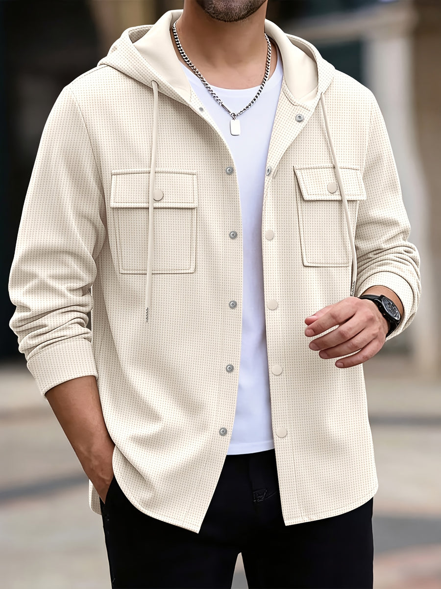 Men'S Waffle Knit Hooded Jacket - Button-Up Workwear Coat - Casual Jacket with Pockets - Spring And Autumn Commute Outfit - Korean Style for Outdoor Activities, Camping, Hiking - Khaki