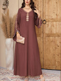 Women's V-neck Long-sleeve Arabic Traditional Robe, Adorned with Appliqué Decorations. Women's Dress Suitable for Holidays and Daily Wear. Abaya Robe. Elegant Formal Dress. Women's Long Dress - Brick Red