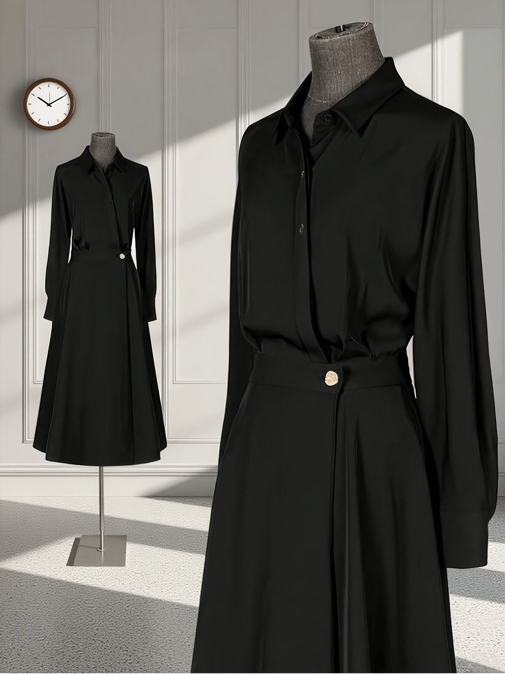 Elegant Exquisite Black Lapel Long Sleeve Shirt Dress, Waist Drawstring Back Hem Design, Wrap Metal Button A-Line Midi Skirt, Fashion Business Banquet Daily Versatile Temperament Shirt Long Dress - Black