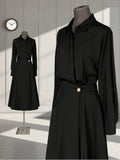 Elegant Exquisite Black Lapel Long Sleeve Shirt Dress, Waist Drawstring Back Hem Design, Wrap Metal Button A-Line Midi Skirt, Fashion Business Banquet Daily Versatile Temperament Shirt Long Dress - Black