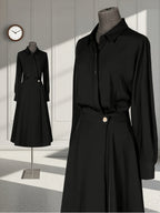 Elegant Exquisite Black Lapel Long Sleeve Shirt Dress, Waist Drawstring Back Hem Design, Wrap Metal Button A-Line Midi Skirt, Fashion Business Banquet Daily Versatile Temperament Shirt Long Dress - Black