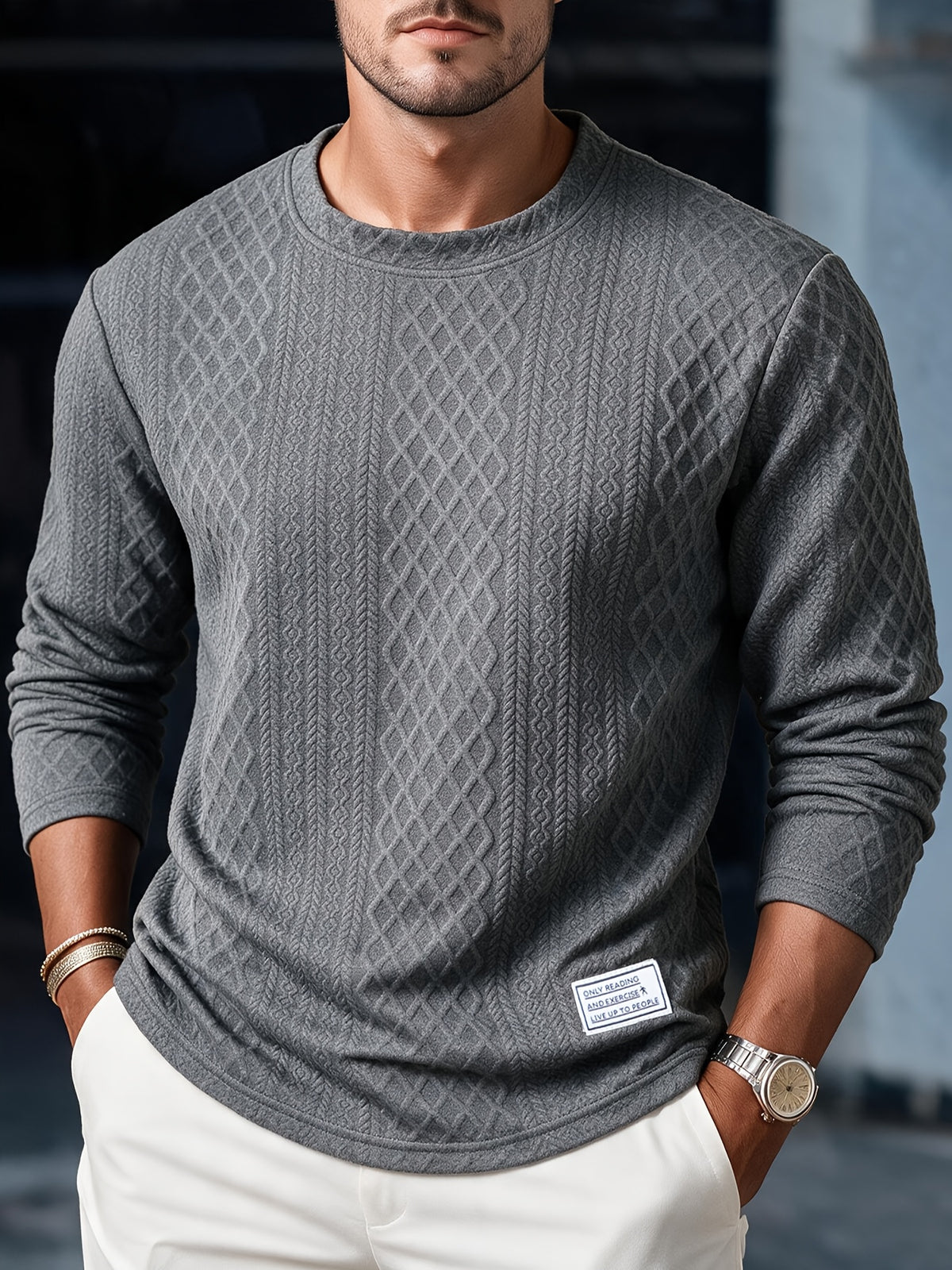 Josh Mei's Selection: Henley Collar Shirt, 2026 Autumn/Winter European and American Style Men's Casual Jacquard Crew Neck Long Sleeve Pullover Sweater Short Sleeve - Dark Gray