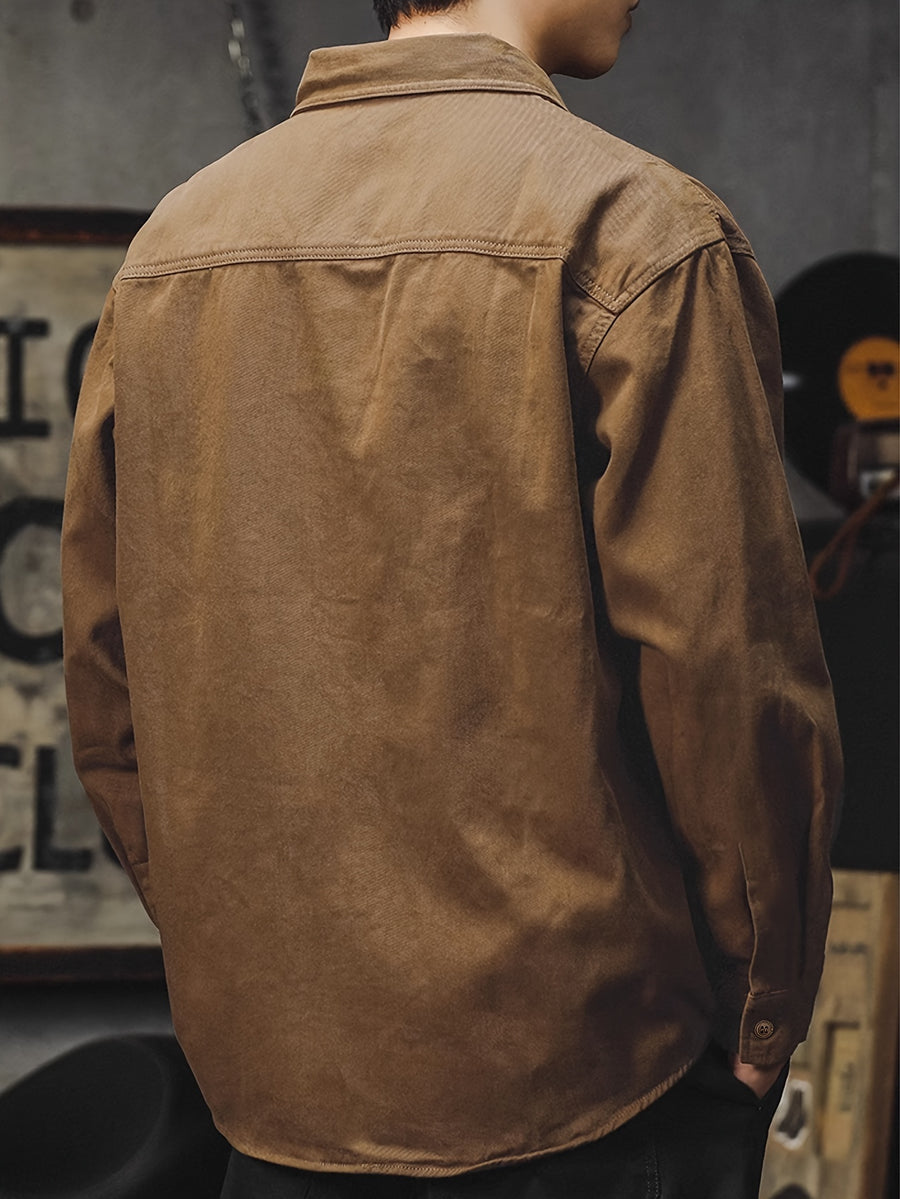 Men'S Cargo Shirt Spring Autumn Long Sleeve Top Vintage Workwear Style Multi-Pocket American Casual Top Outerwear, New Season - Dark Brown