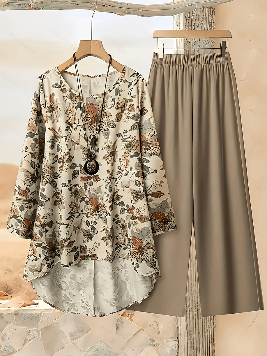 Women's Fashionable and Elegant Bohemian Print Long Sleeve and Long Pants Set - khaki flower type