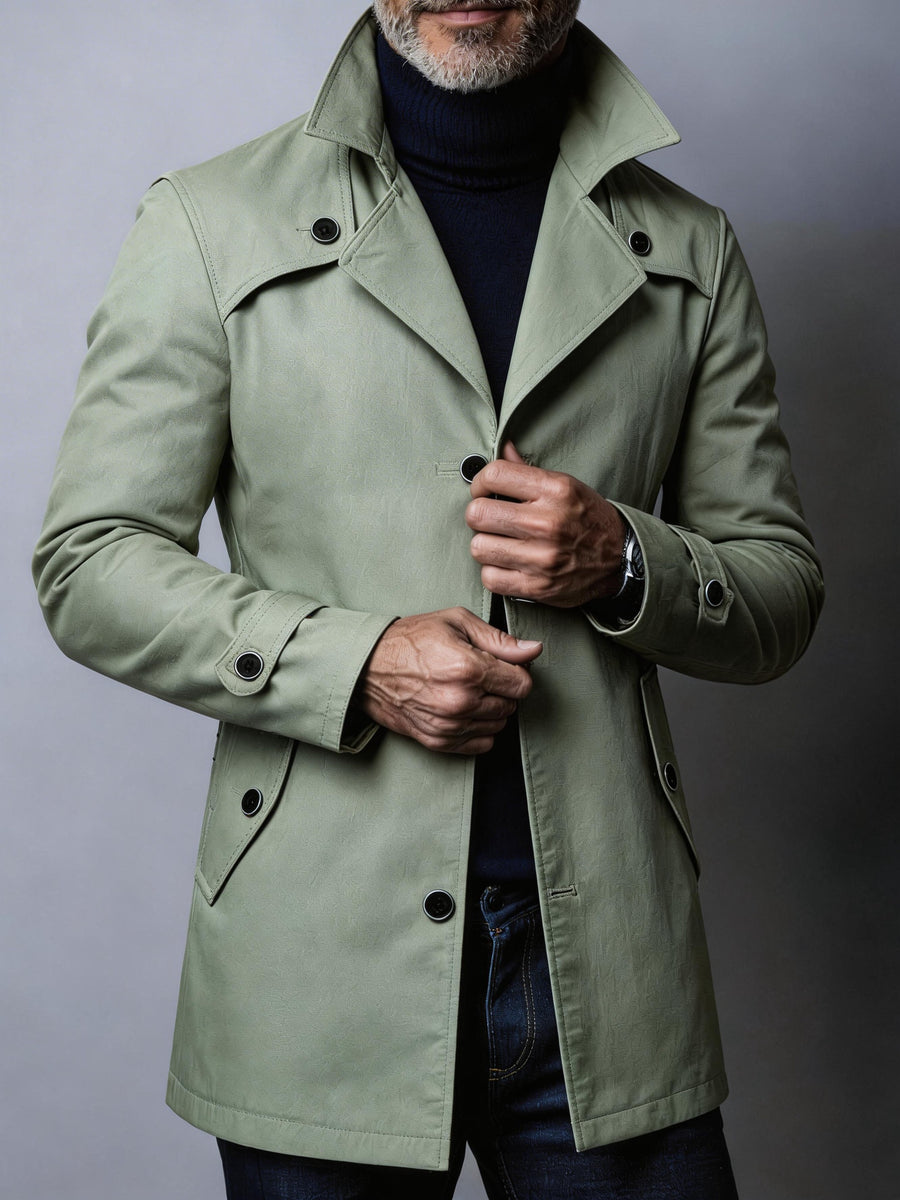 Men'S New Spring/Autumn Season Western Mature Stable Men'S Commute Fashion Trendy Meeting Solid Color Casual Durable Wear-Resistant Design Style Trench Coat Versatile Top Texture - Gray Green