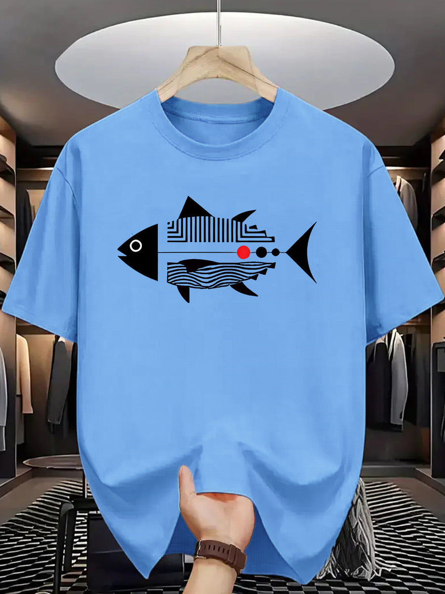 Trendy Printed T-Shirts for Men, Regular Standard Fit Comfortable Short Sleeve Casual Tee, Versatile Everyday Fashion Outfit Top - Sky Blue
