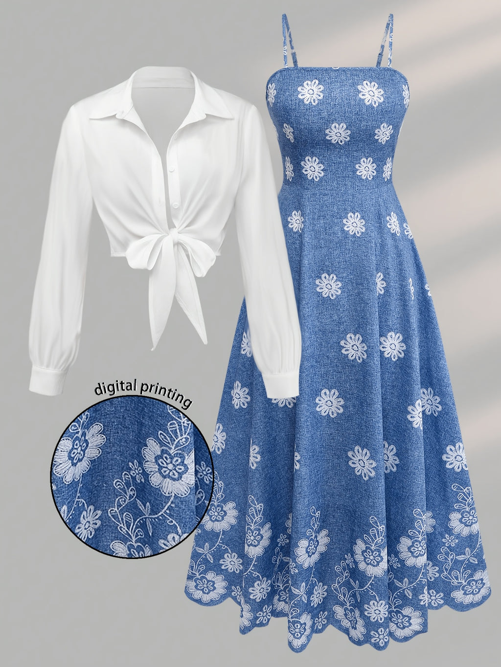 Plus Size Women'S Floral Cami Dress 2pcs Set, Tie-String Short Cardigan And Waist-Cinching Printed Vacation Dress - Blue
