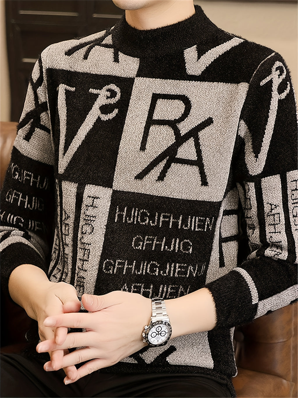 [Maiqiqi Obm]New Autumn And Winter Men'S Knitted Pullover, Round Neck Letter Patchwork Knit Sweater, Featuring a Unique Combination of Letters And Text Elements, Creating a Distinct Street Fashion Vibe And a Casual Stylish Atmosphere - Grey