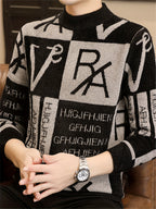 [Maiqiqi Obm]New Autumn And Winter Men'S Knitted Pullover, Round Neck Letter Patchwork Knit Sweater, Featuring a Unique Combination of Letters And Text Elements, Creating a Distinct Street Fashion Vibe And a Casual Stylish Atmosphere - Grey