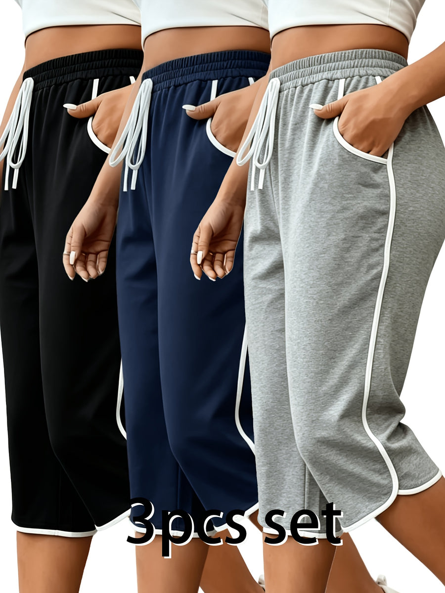 3pcs Drawstring Capri Pants, High-Waist Elastic Drawstring Waistband, Side Contrast White Thread Trim Design, Loose Capri Fit Comfortable And Breathable, Women'S Casual Trousers - Black+Navy+Light Gray