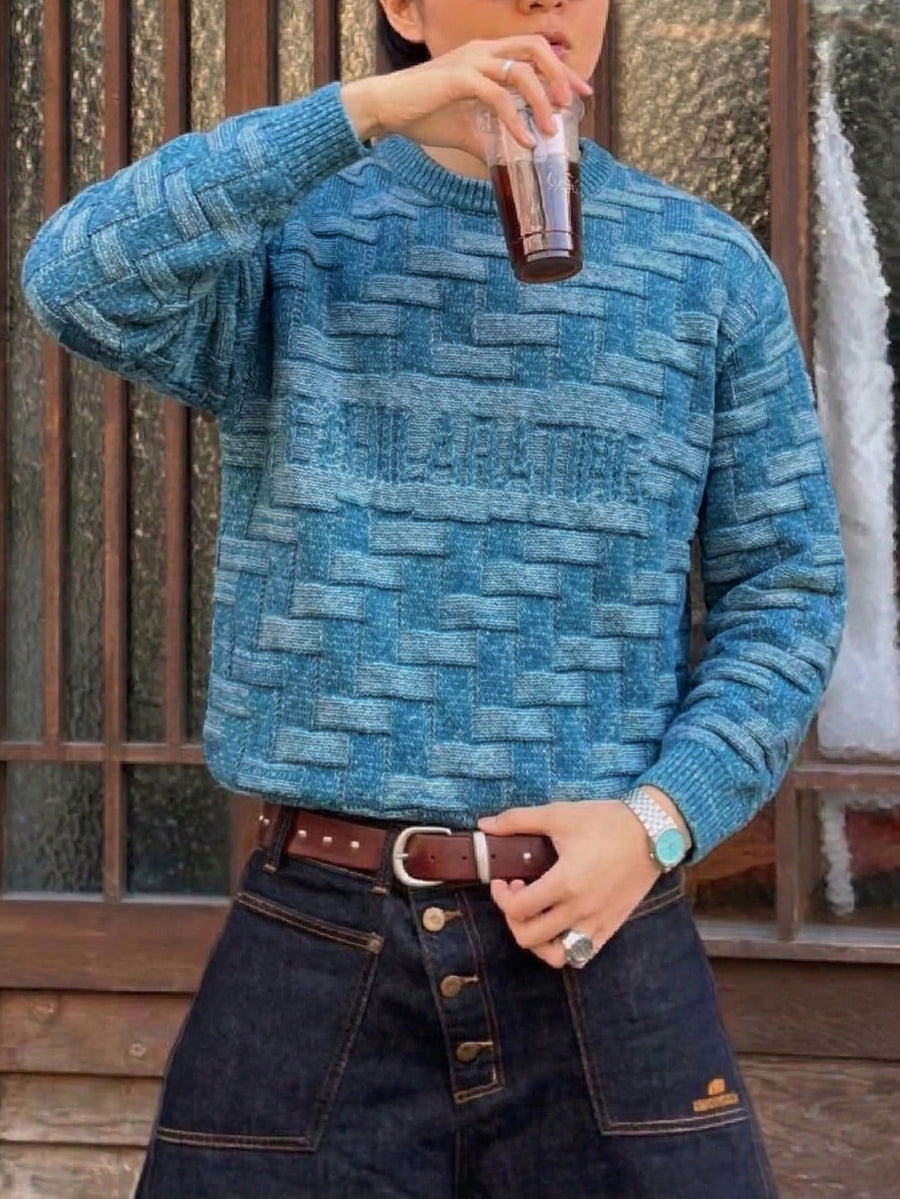 Autumn Winter Men'S Textured Knit Pattern Round Neck Pullover Basic Casual Korean Style All-Match Loose Sweater - Light Blue