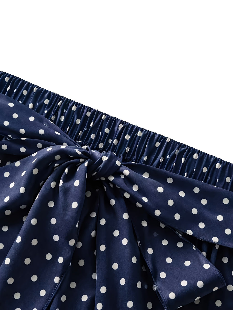Front Tie Polka Dot Print Skirt, Elastic Waist with Bow Knot Versatile Commuter Style Casual Wear - Mixed colors