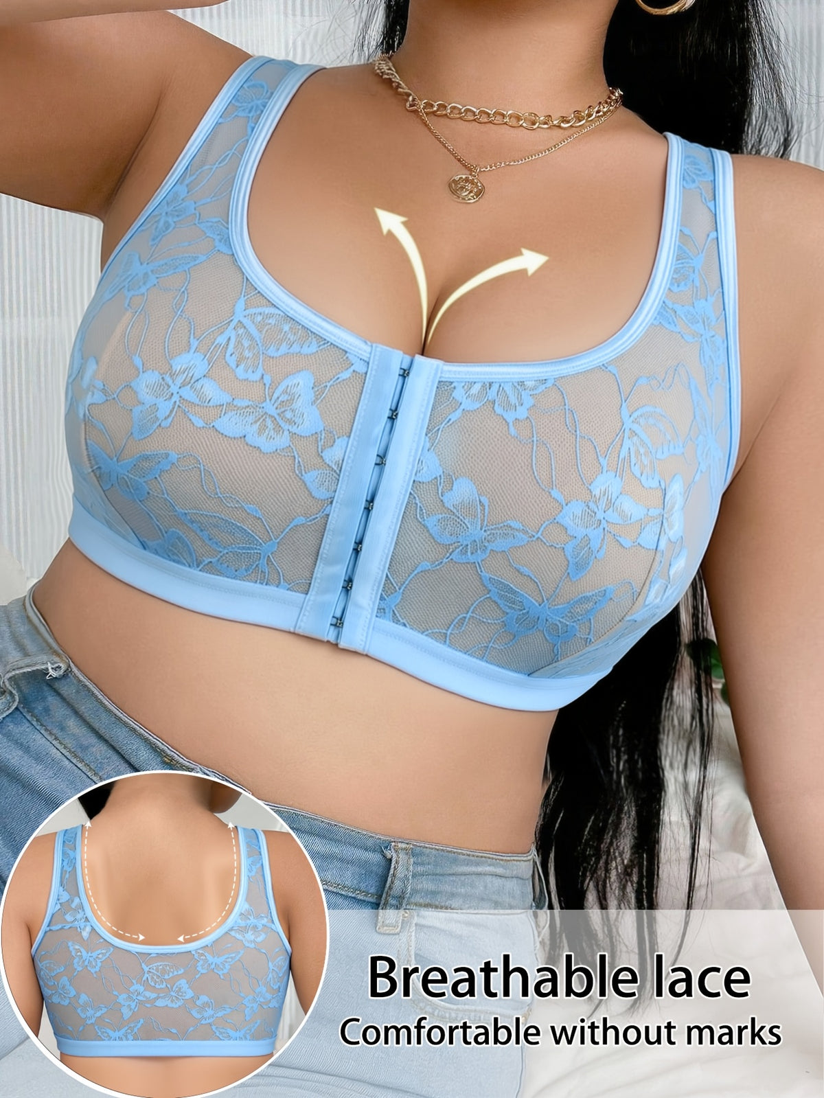 Plus Size Women's Sexy Front-Button Butterfly Mesh Breathable Comfortable Bra, New Spring/Summer Wire-Free Vest Top - Sky Blue
