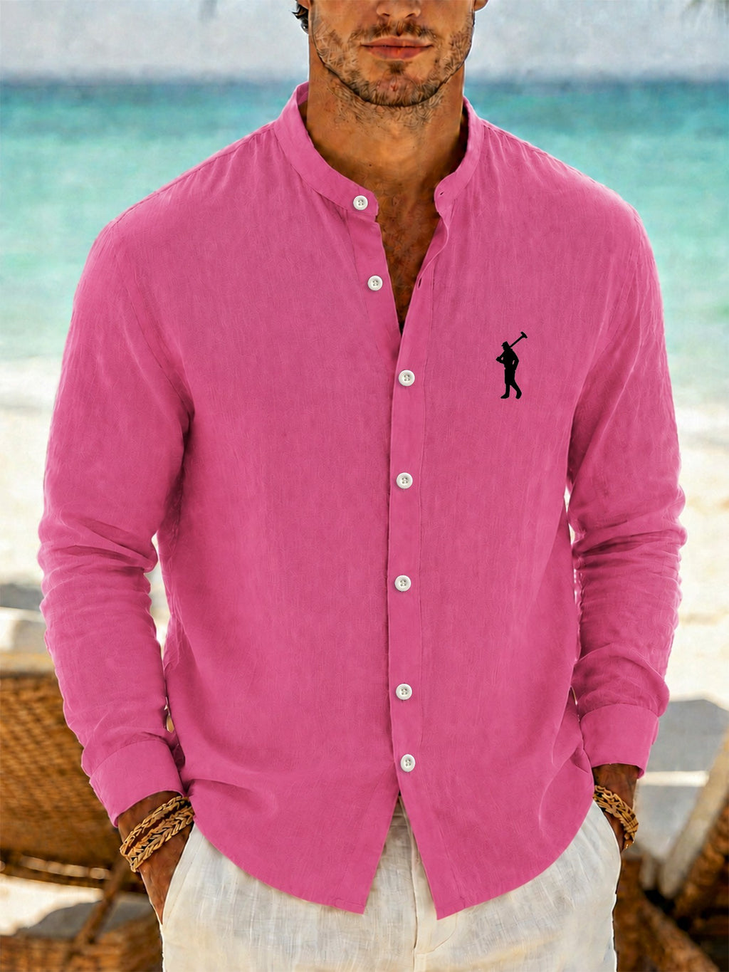 Men'S Faux Linen Long Sleeve Shirt - Lightweight Button-Up Stand Collar Formal to Casual Style, Golfer Embroidered Pattern, Suitable for Beach, Office, Party Business, Daily Trendy Wear, Machine Washable Fashion Shirt - Rose Red