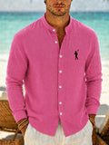 Men'S Faux Linen Long Sleeve Shirt - Lightweight Button-Up Stand Collar Formal to Casual Style, Golfer Embroidered Pattern, Suitable for Beach, Office, Party Business, Daily Trendy Wear, Machine Washable Fashion Shirt - Rose Red