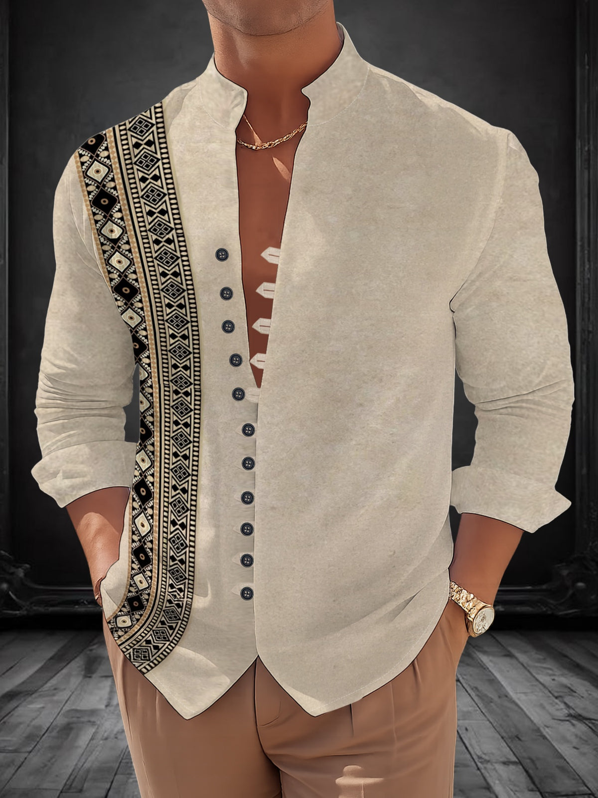 Men's Ethnic Style Stand Collar 11-Row Button Printed Long-Sleeve Shirt Fashionable Geometric Pattern Design Casual Versatile Top Women's Clothing - Mixed colors