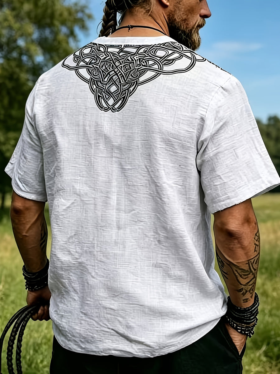 2026 Summer New Men'S Ethnic Style Short Sleeve Print V-Neck T-Shirt, Loose Casual Top - White