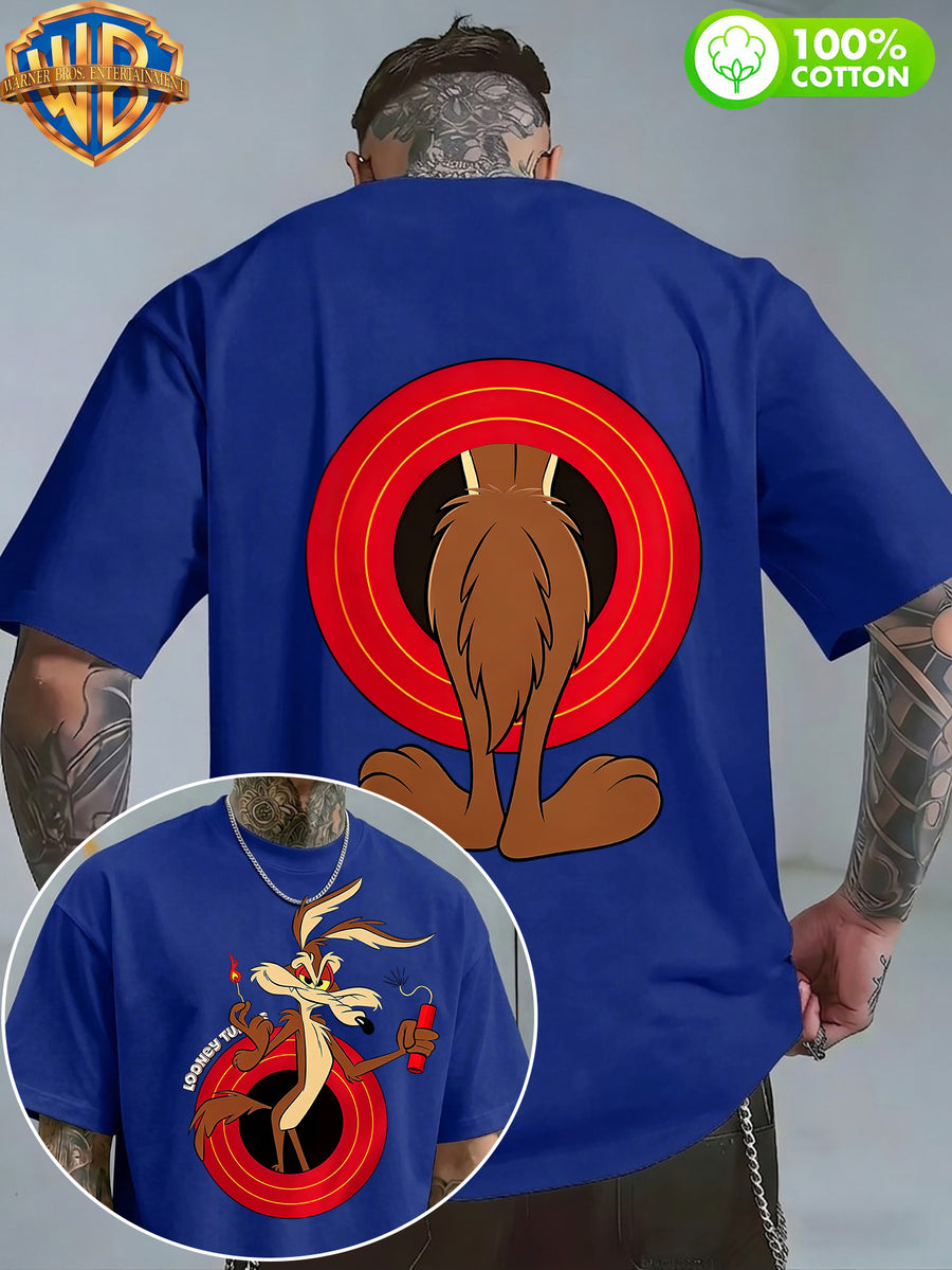Authorized by Warner Bros., 1pc, American Retro Cartoon Contrast Sense Distorted Heart Wolf Trendy T-Shirt, Men'S 100% Casual Comfortable Versatile Loose Summer Short Sleeve T-Shirt, Double-Sided Print Front And Back, Suitable for Outdoor Wear, Gym - Blue