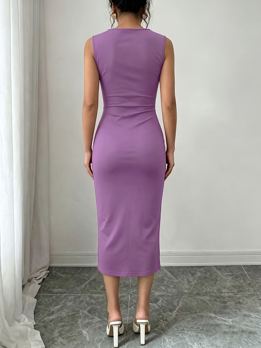 V Neck Ruched Bodycon Midi Dress, Women's Sleeveless Golden Button Side Slit Elegant Formal Dress for Work & Party - Purple